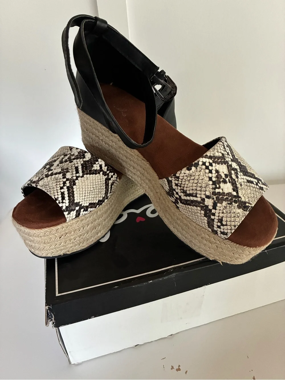 Qupid Snake-Print Espadrille Platform Sandal with Black Ankle Strap